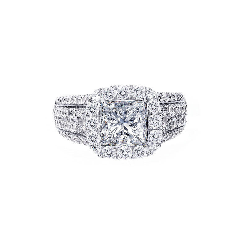 Cushion Halo and Multi-Row Pave Diamond Engagement Ring