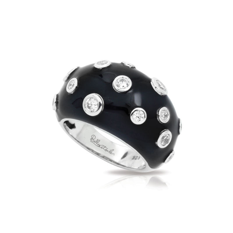 Belle Etoile Constellations Glitter Collection hand-painted black Italian enamel with white stones ring.
