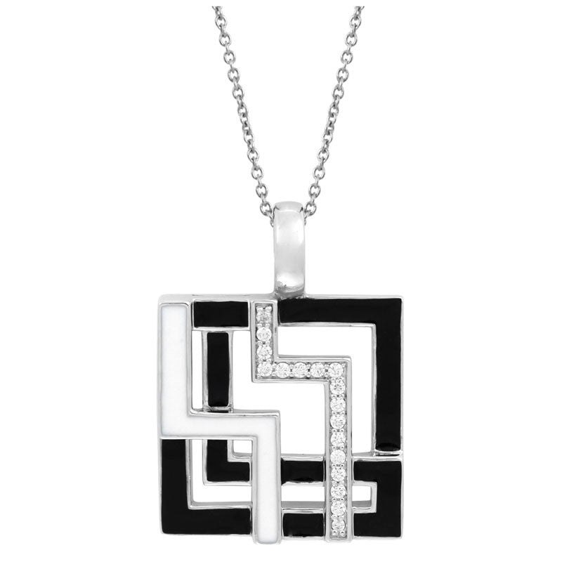 Belle Etoile Convergence Collection hand-painted black and white Italian enamel with pave-set stones pendant.  