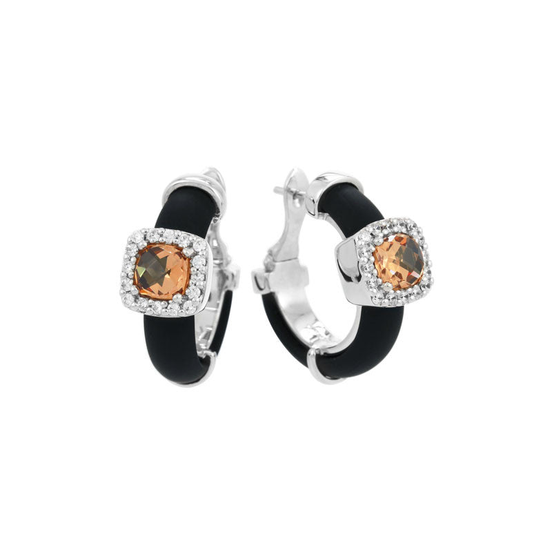 Belle Etoile Diana Collection hand-strung black Italian rubber with champagne and white stones earring.
