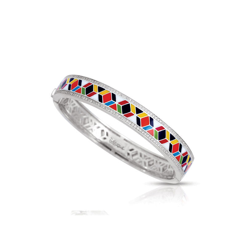 Belle Etoile Forma Collection hand-painted multicolored Italian enamel with pave-set stones bangle bracelet. 